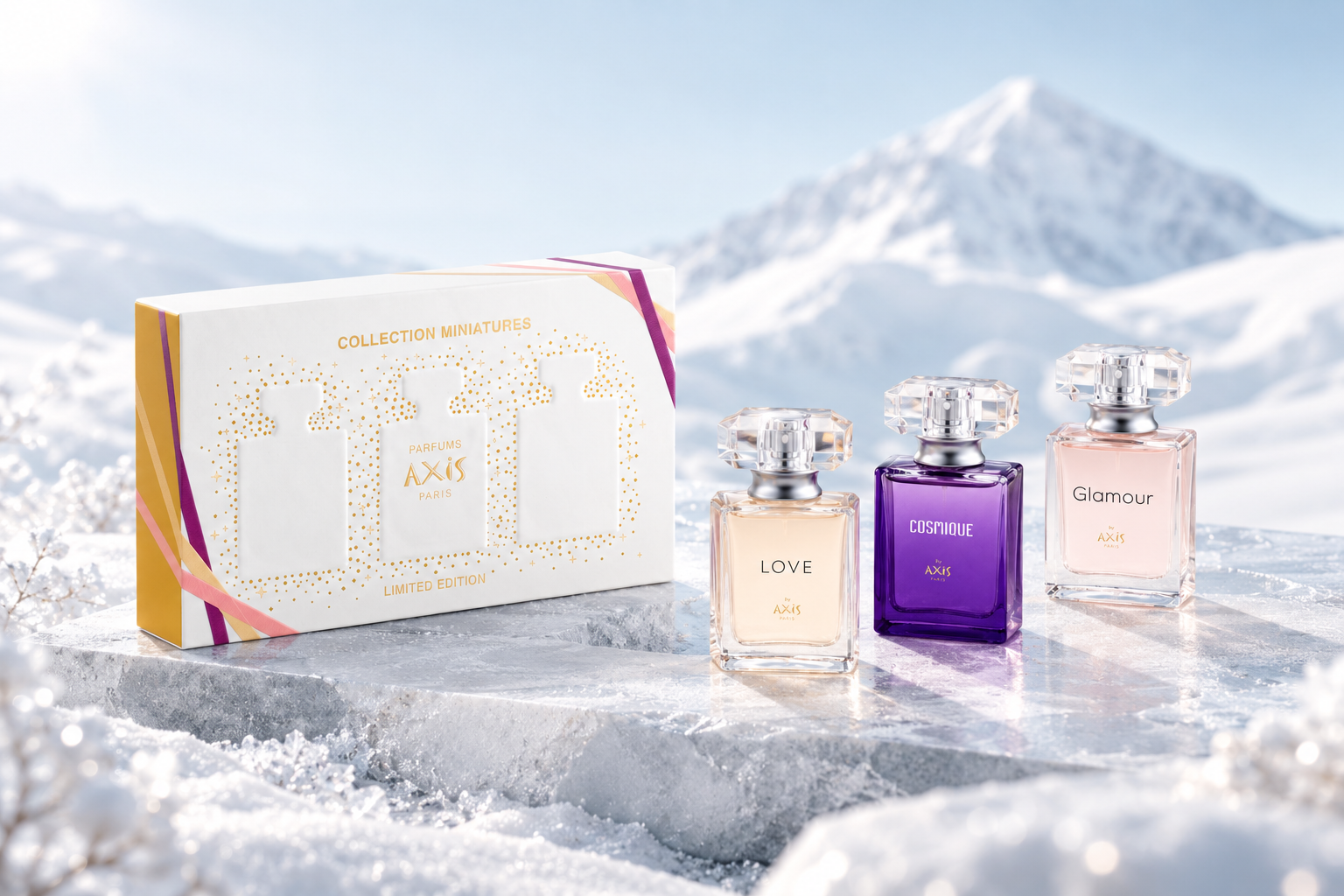Coffret Mini Set Axis avec les flacons Love, Cosmique et Glamour dans un décor enneigé