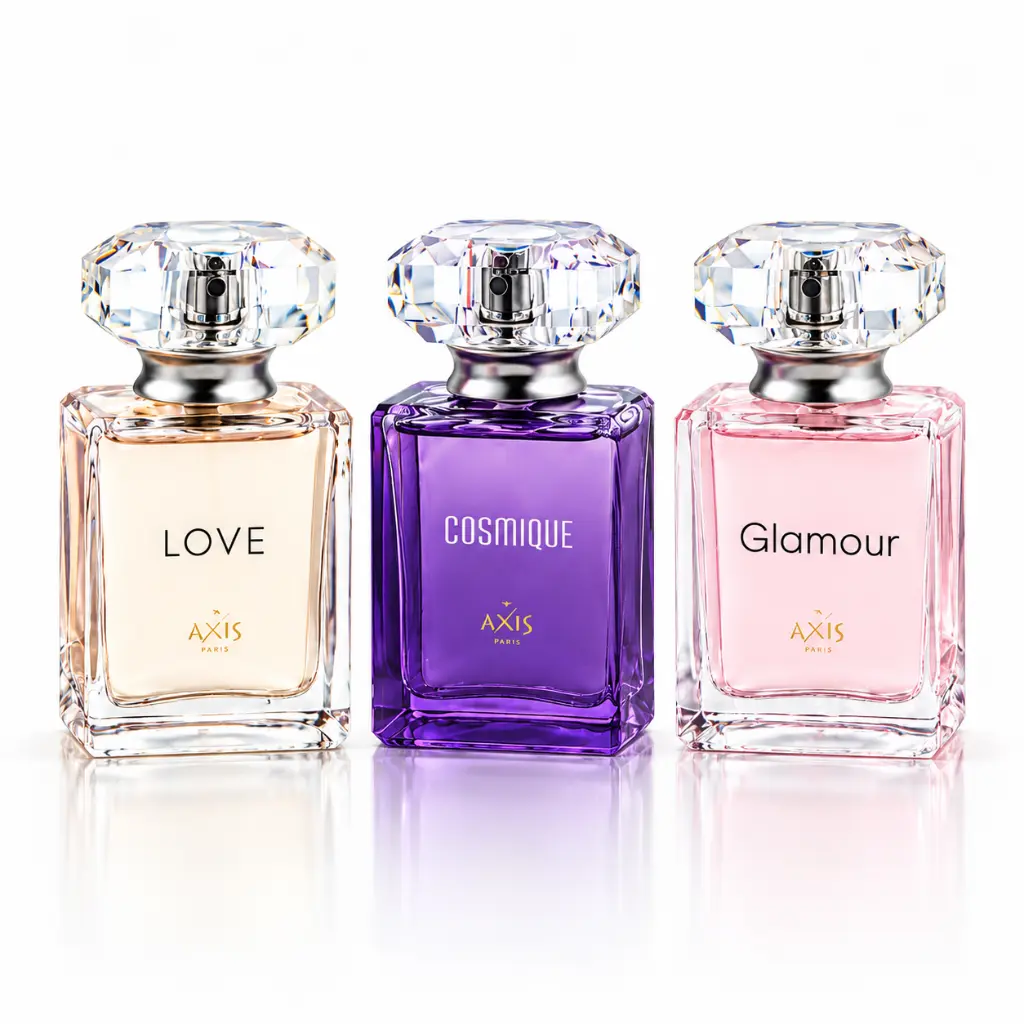 Flacons Axis Love, Cosmique et Glamour sur fond blanc